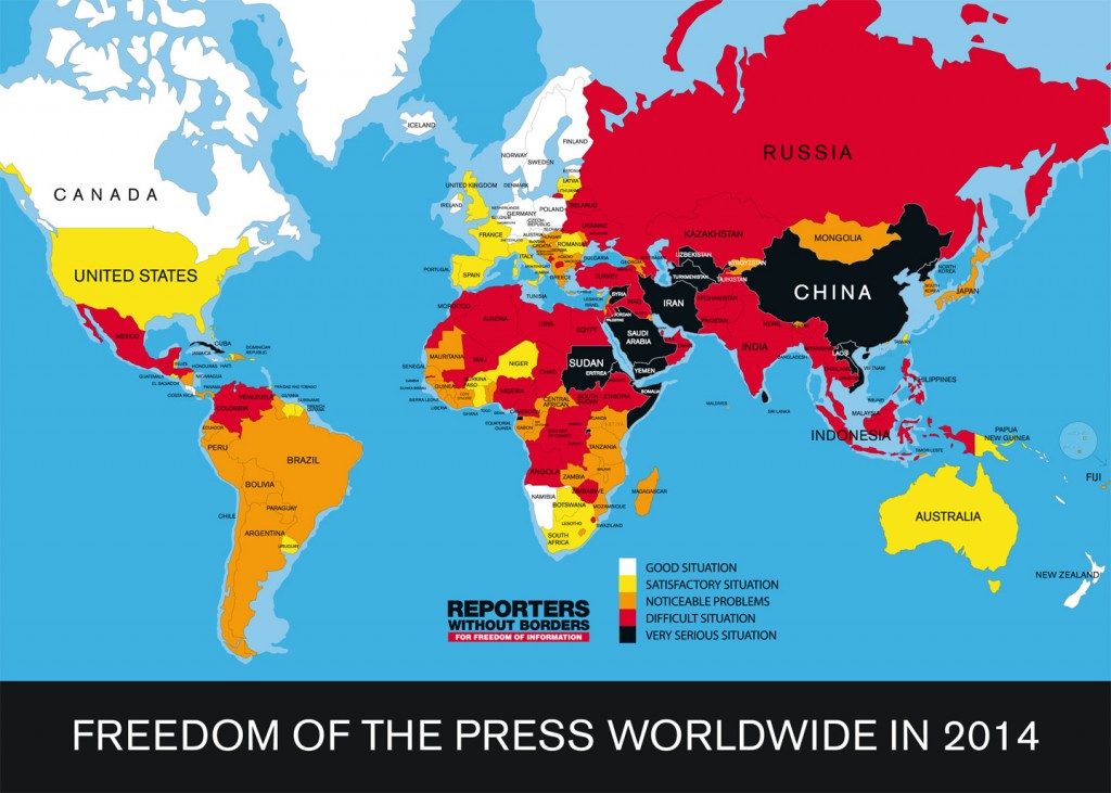 Ian Morse’s interactive map shows the various levels of freedom of the press in different countries.