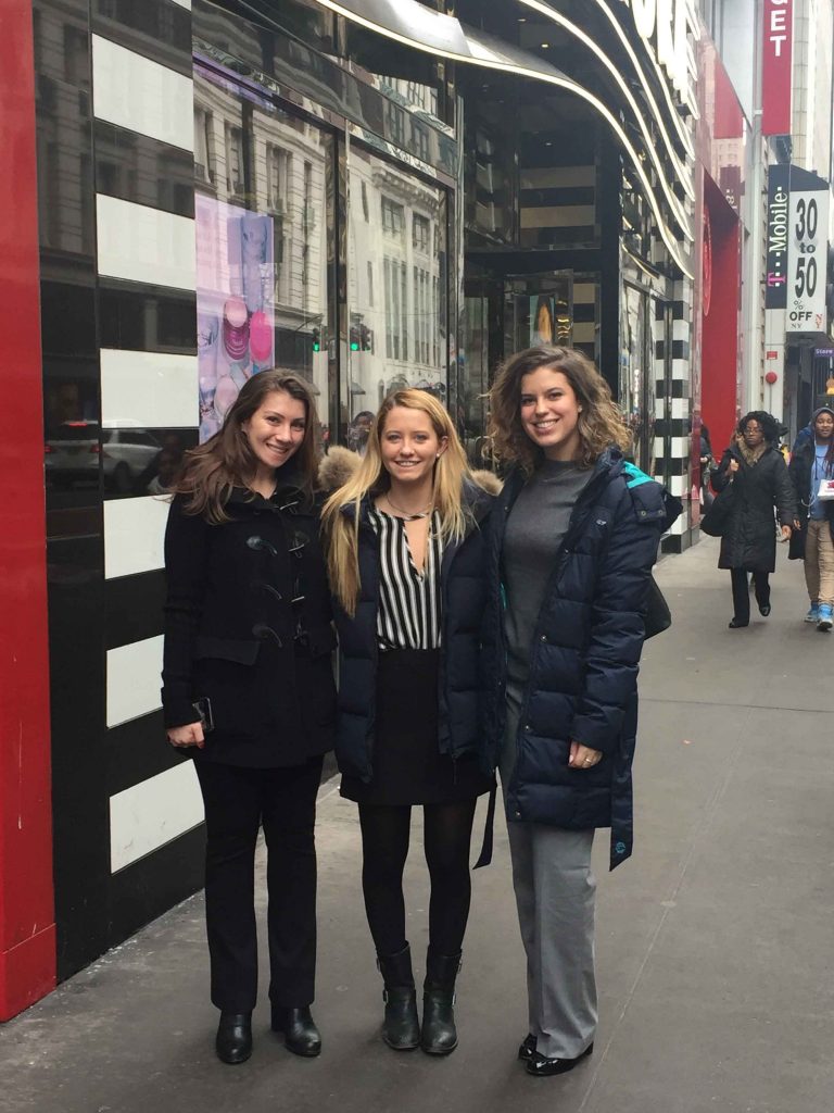 Tess Burke ’18 (psychology/sociology), Grace Conrad ’20 and Katherine Cook ’18 went to New York City to shadow Jodi Katz ’97, founder and creative director of Base Beauty Creative Agency.