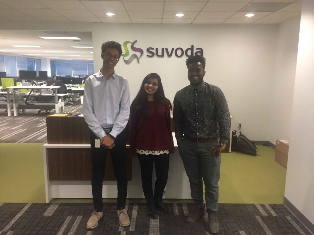 Maxwell McFarlane ’19, Noureen Abdelrahman ’19, and Robson Adem ’19 at the Suvoda software company in Conshohocken, Pennsylvania
